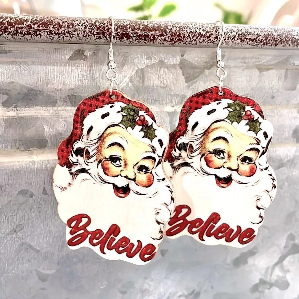 Classic santa Clause Wood Drop Earrings